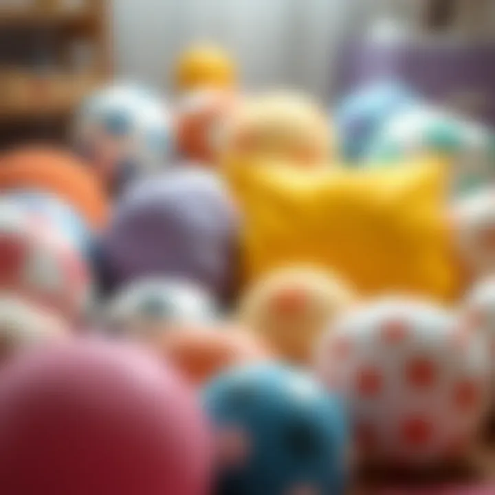 Diverse selection of pillow balls for children's physical activities.
